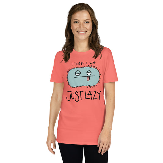 Person wearing a coral t-shirt with a cartoon character and text on a white background