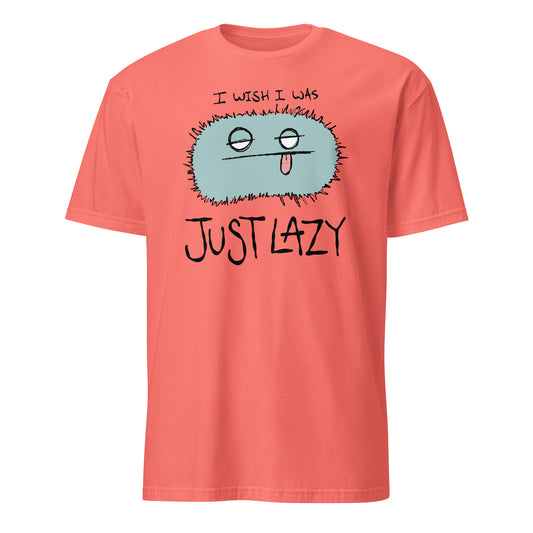 Coral t-shirt with a cartoon character and text 'I wish I was just lazy' on a white background