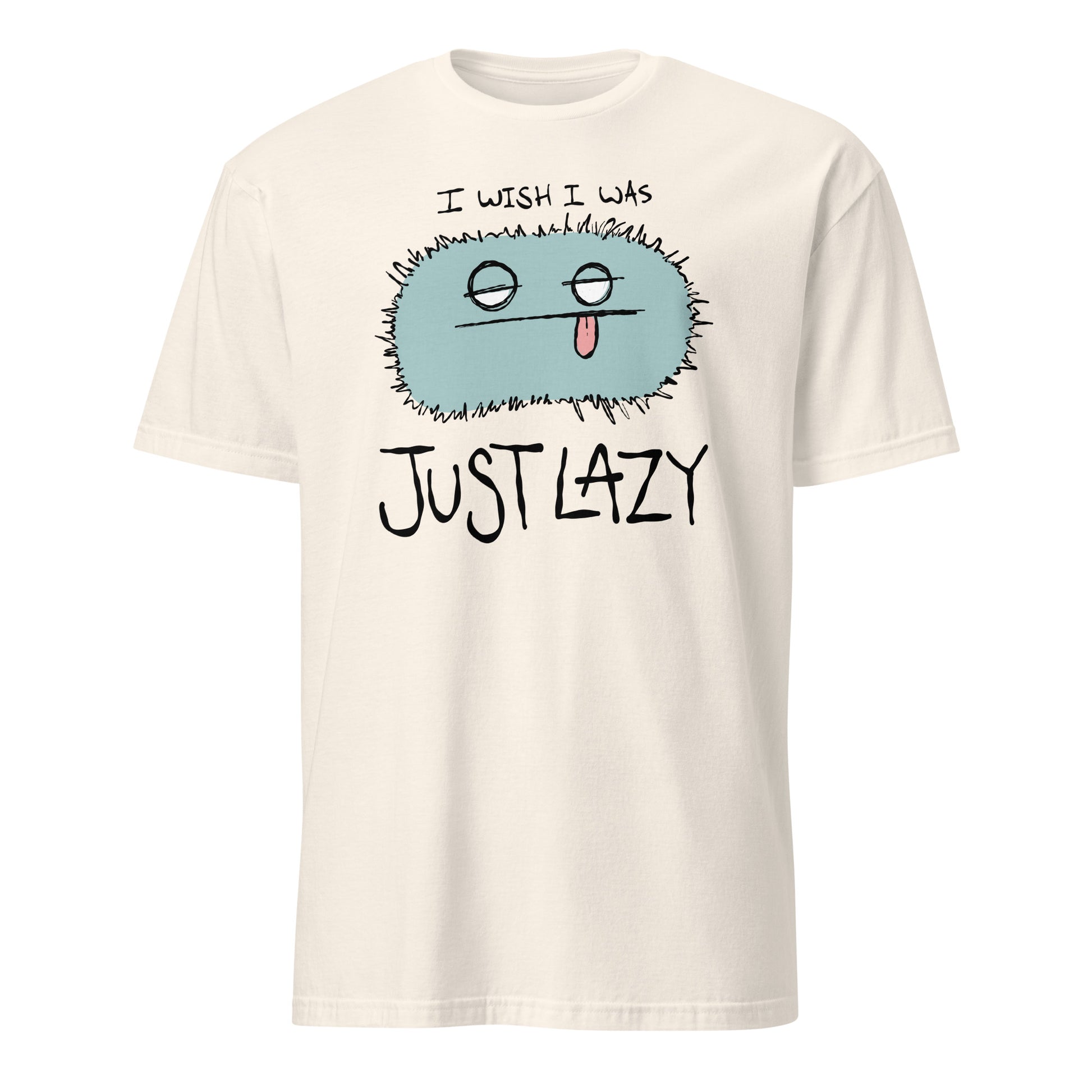 Beige t-shirt with a cartoon character and text 'I wish I was just lazy' on a white background