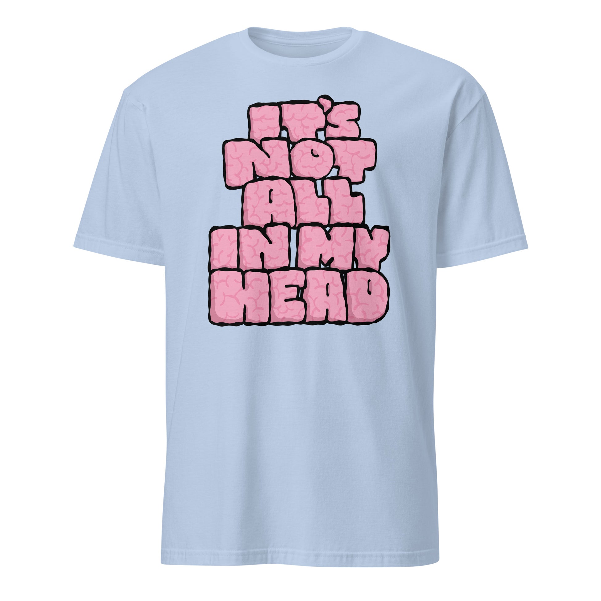 Light blue t-shirt with pink text on a white background
