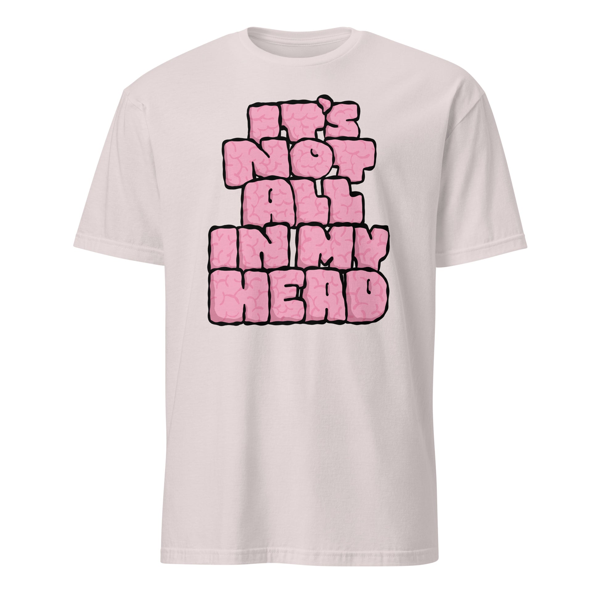 Ice grey t-shirt with pink text 'IT'S NOT ALL IN MY HEAD' on a white background
