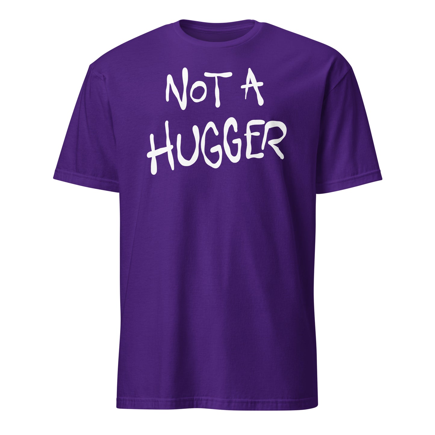 Purple t-shirt with 'NOT A HUGGER' text on a white background