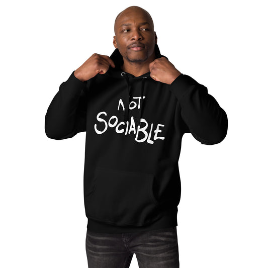 Man wearing a black hoodie with 'Not Sociable' text on a white background
