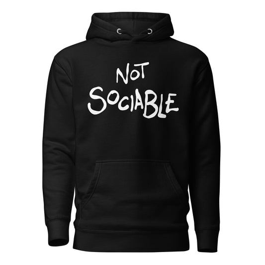 Black hoodie with 'Not Sociable' text on a white background