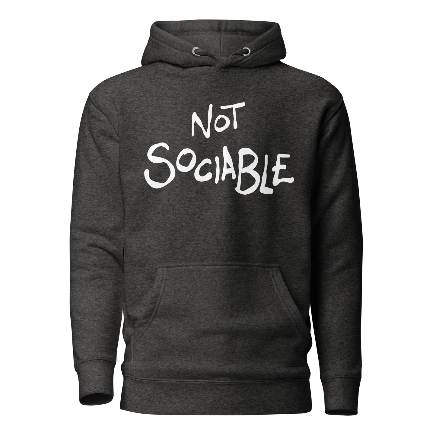 Charcoal hoodie with 'Not Sociable' text on a white background