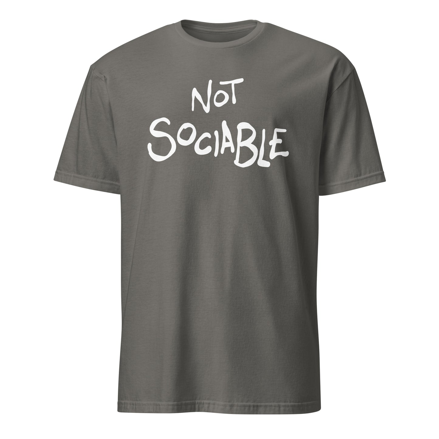 Gray t-shirt with 'Not Sociable' text on a white background