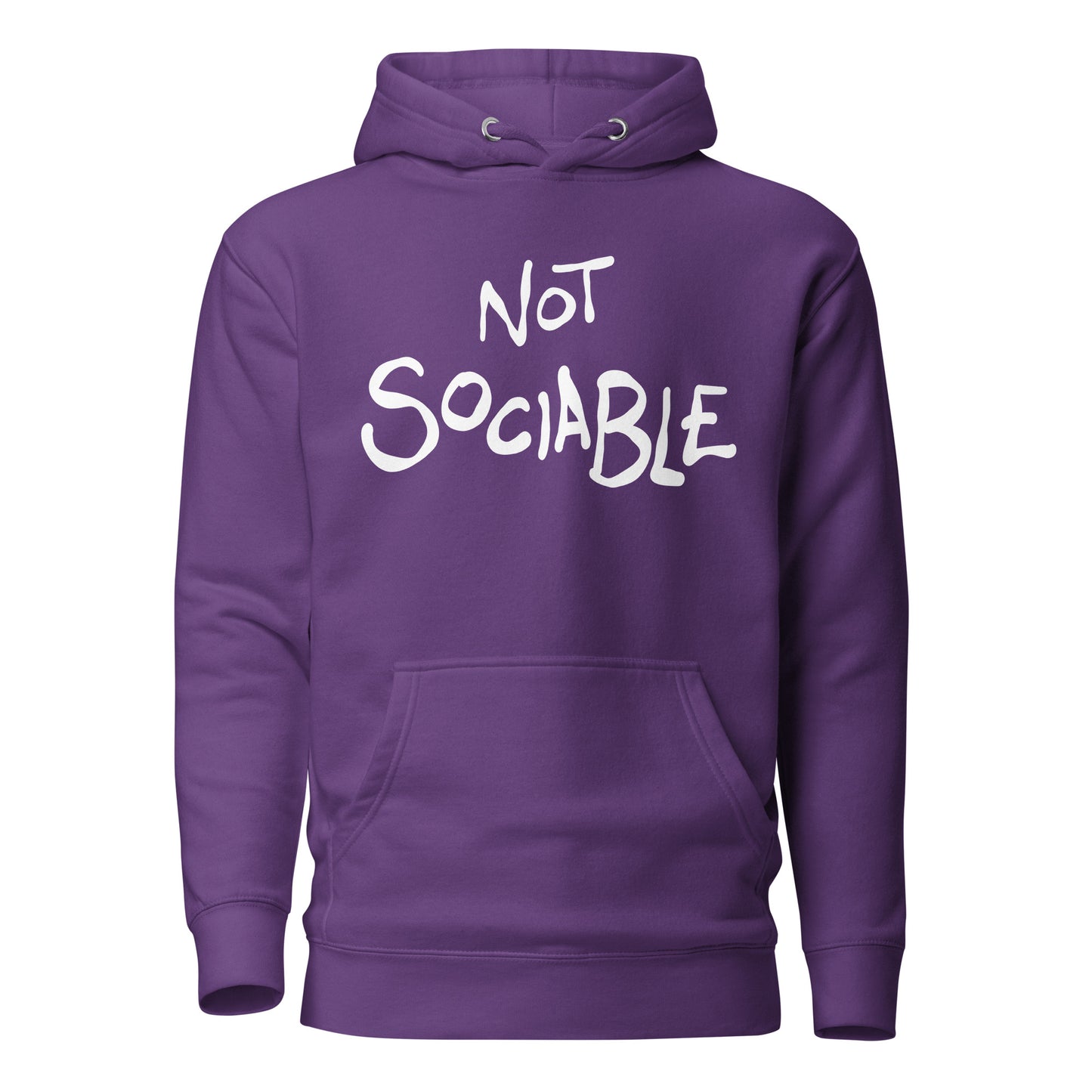 Purple hoodie with 'Not Sociable' text on a white background