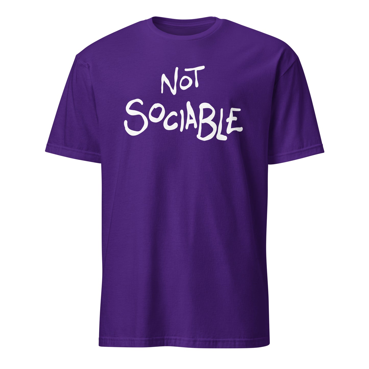 Purple t-shirt with 'Not Sociable' text on a white background
