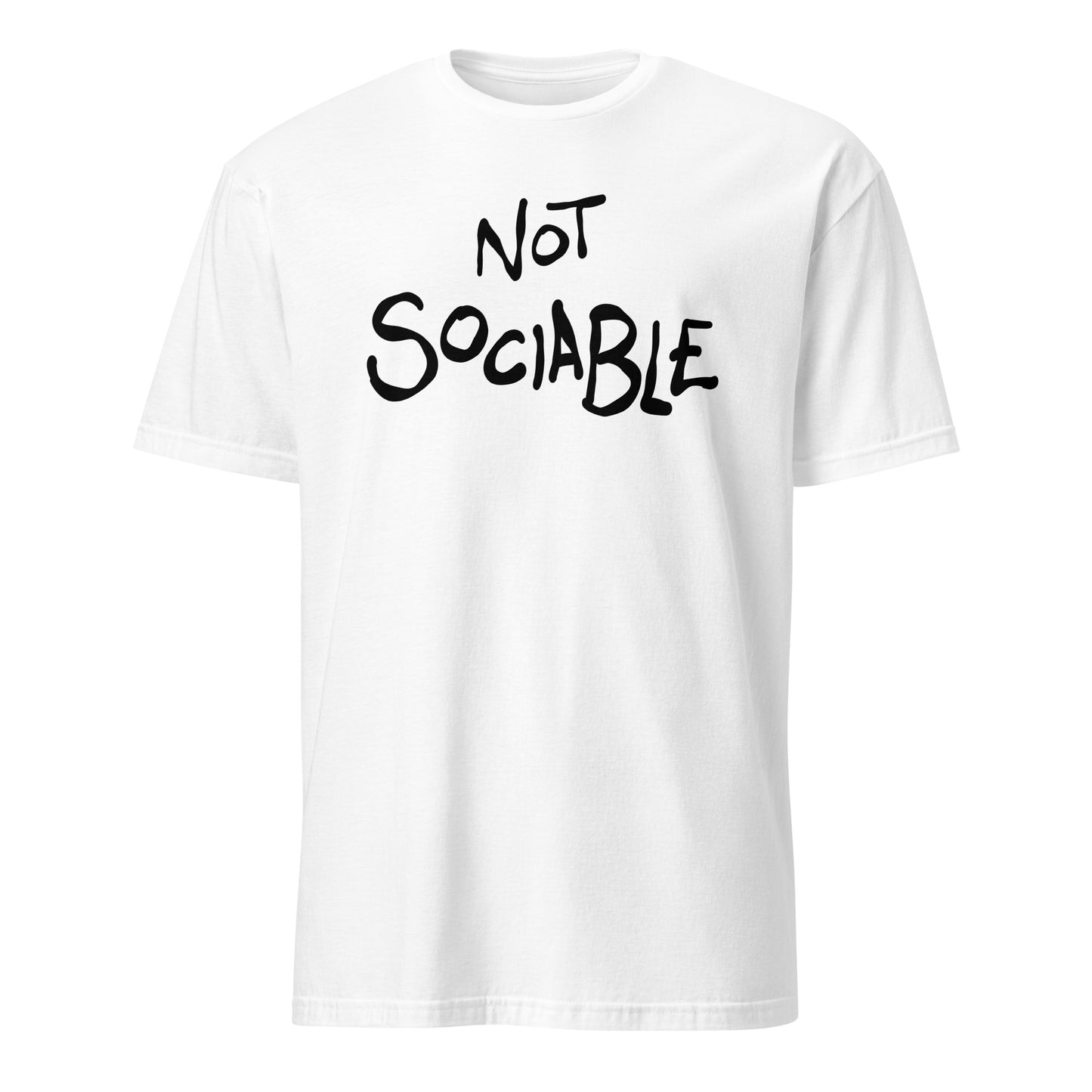 White t-shirt with 'NOT SOCIABLE' text on a white background