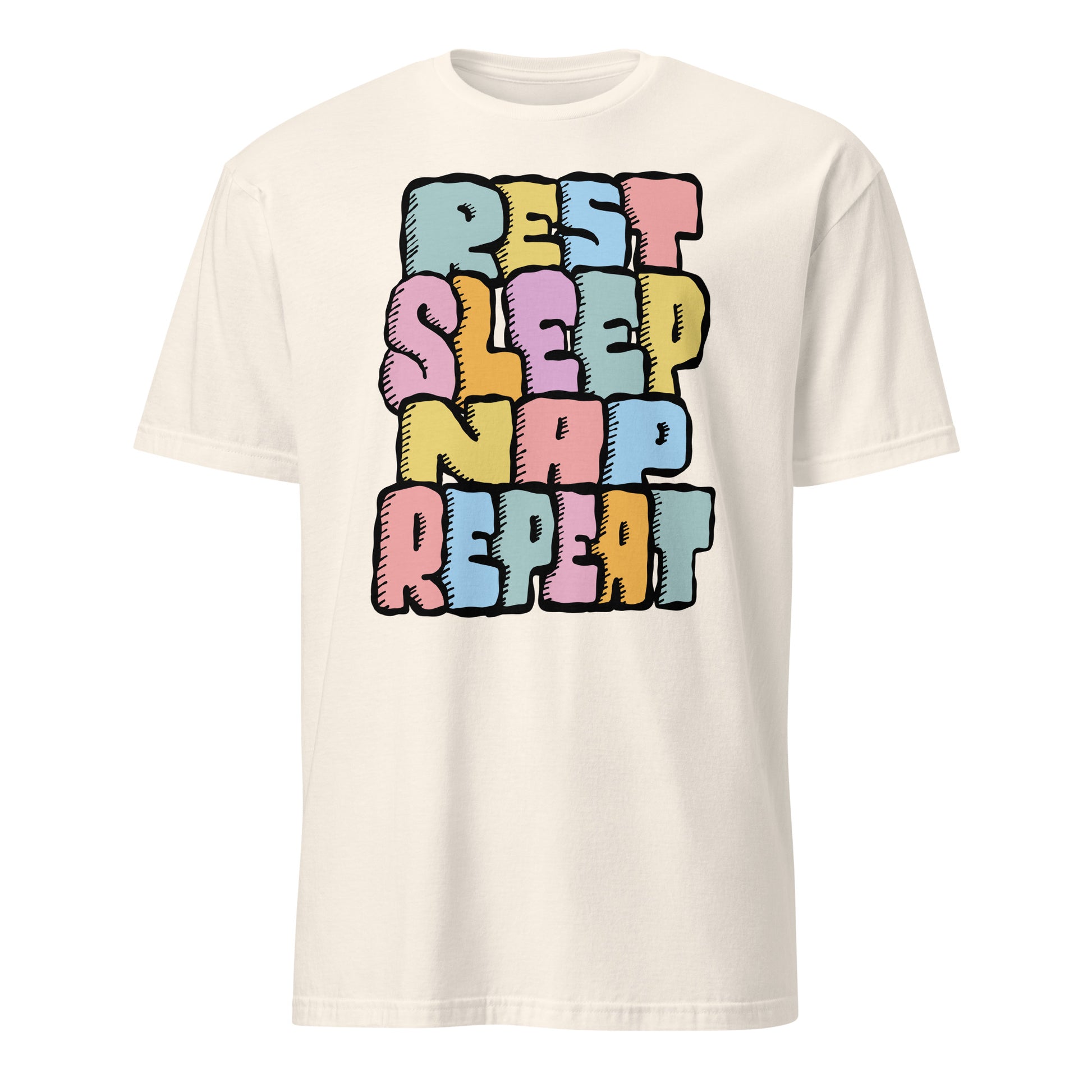 White t-shirt with colourful text 'Rest Sleep Nap Repeat' on a white background
