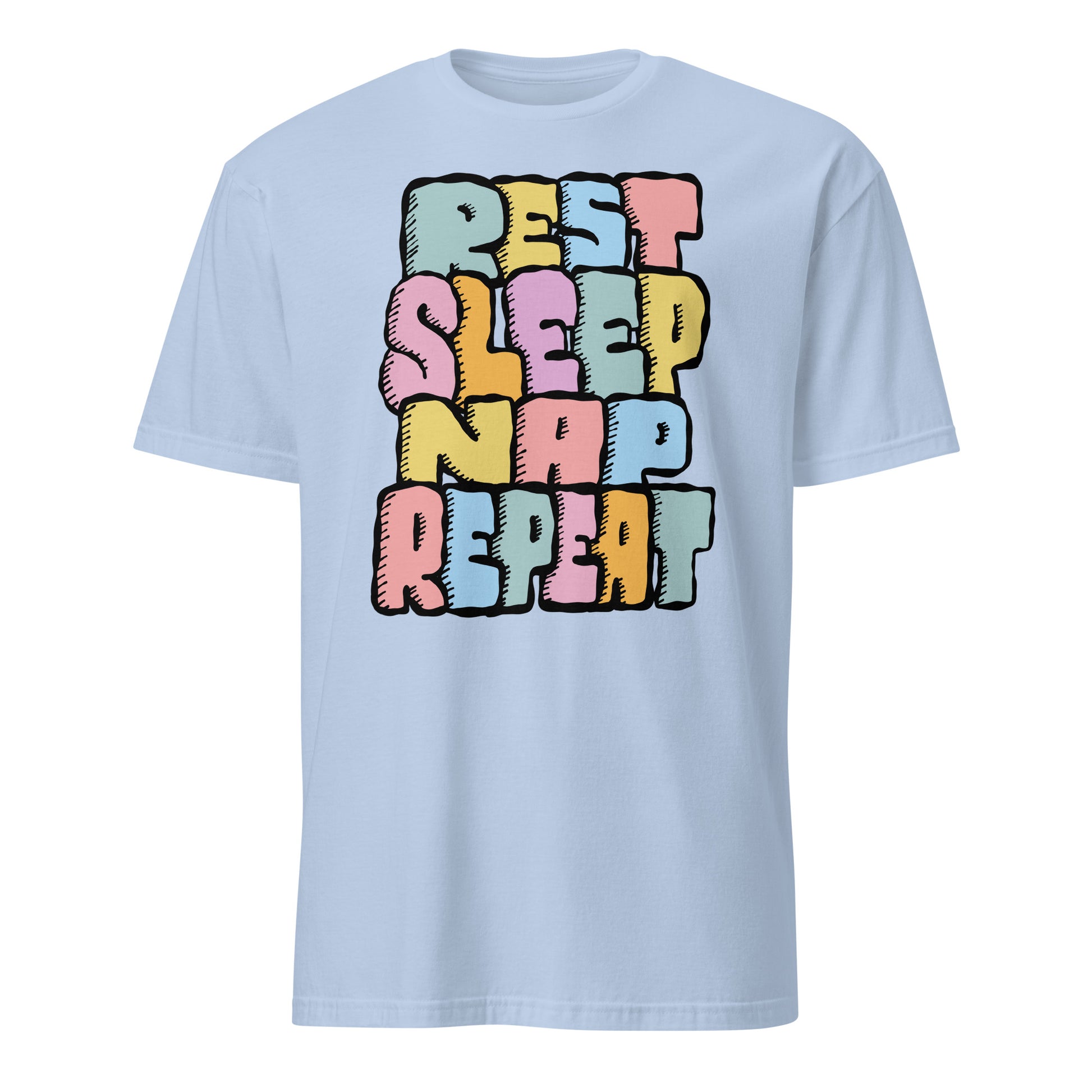Light blue t-shirt with colourful text 'Rest Sleep Nap Repeat' on a white background