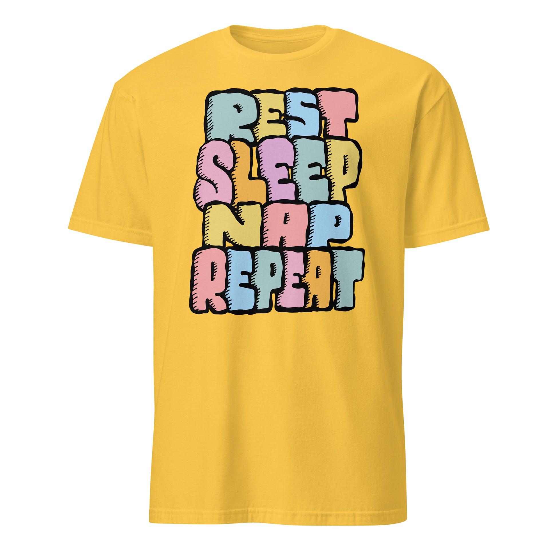 Yellow t-shirt with colorful text 'REST SLEEP NAP REPEAT' on a white background