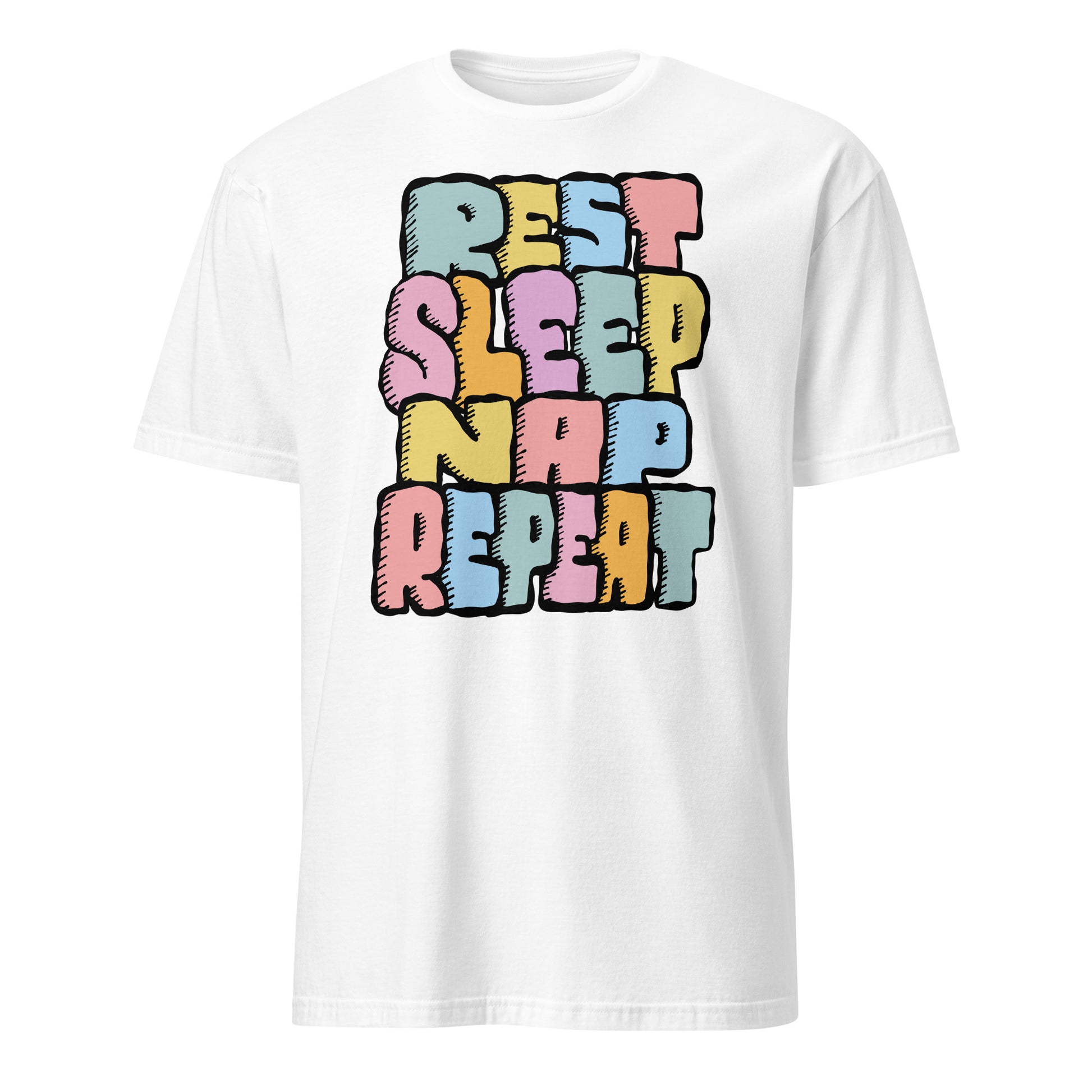 White t-shirt with colourful text 'Rest Sleep Nap Repeat' on a white background