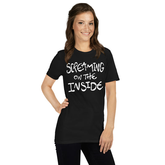 Woman wearing a black t-shirt with 'Screaming on the Inside' text on a white background