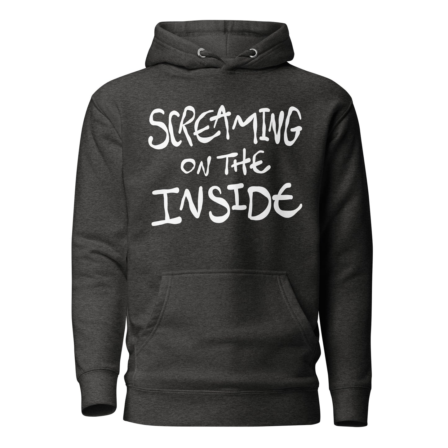 Charcoal hoodie with white text 'Screaming on the Inside' on a white background
