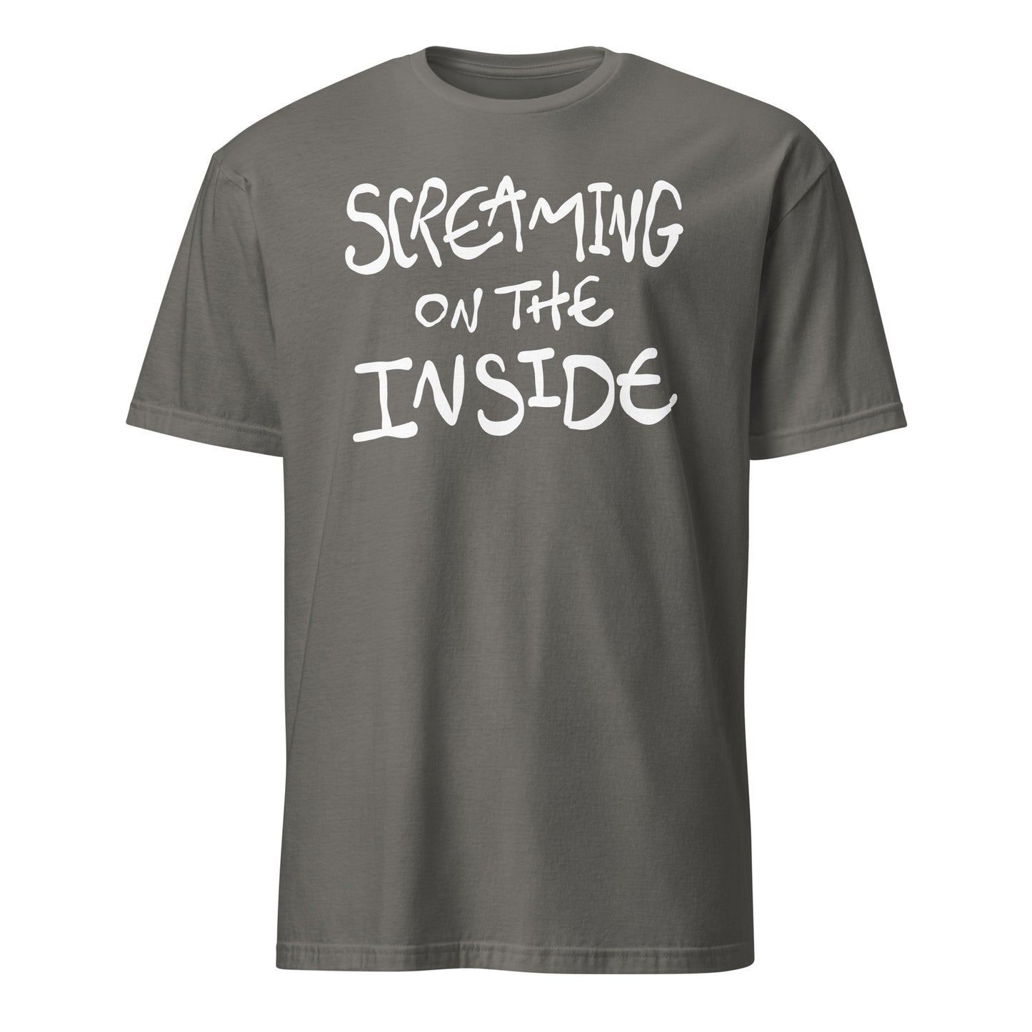 Grey t-shirt with 'Screaming on the Inside' text in white on a white background