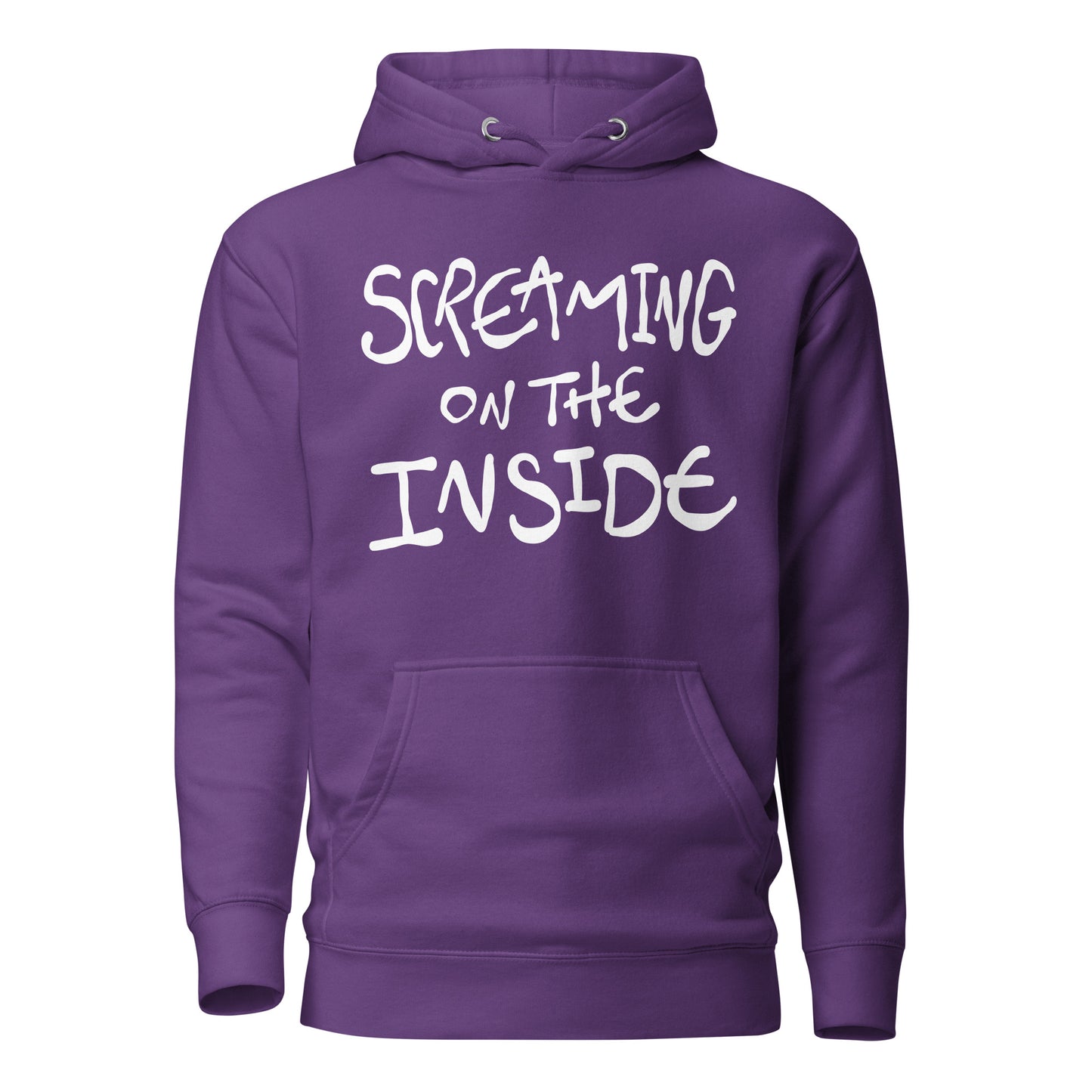 Purple hoodie with 'Screaming on the Inside' text on a white background
