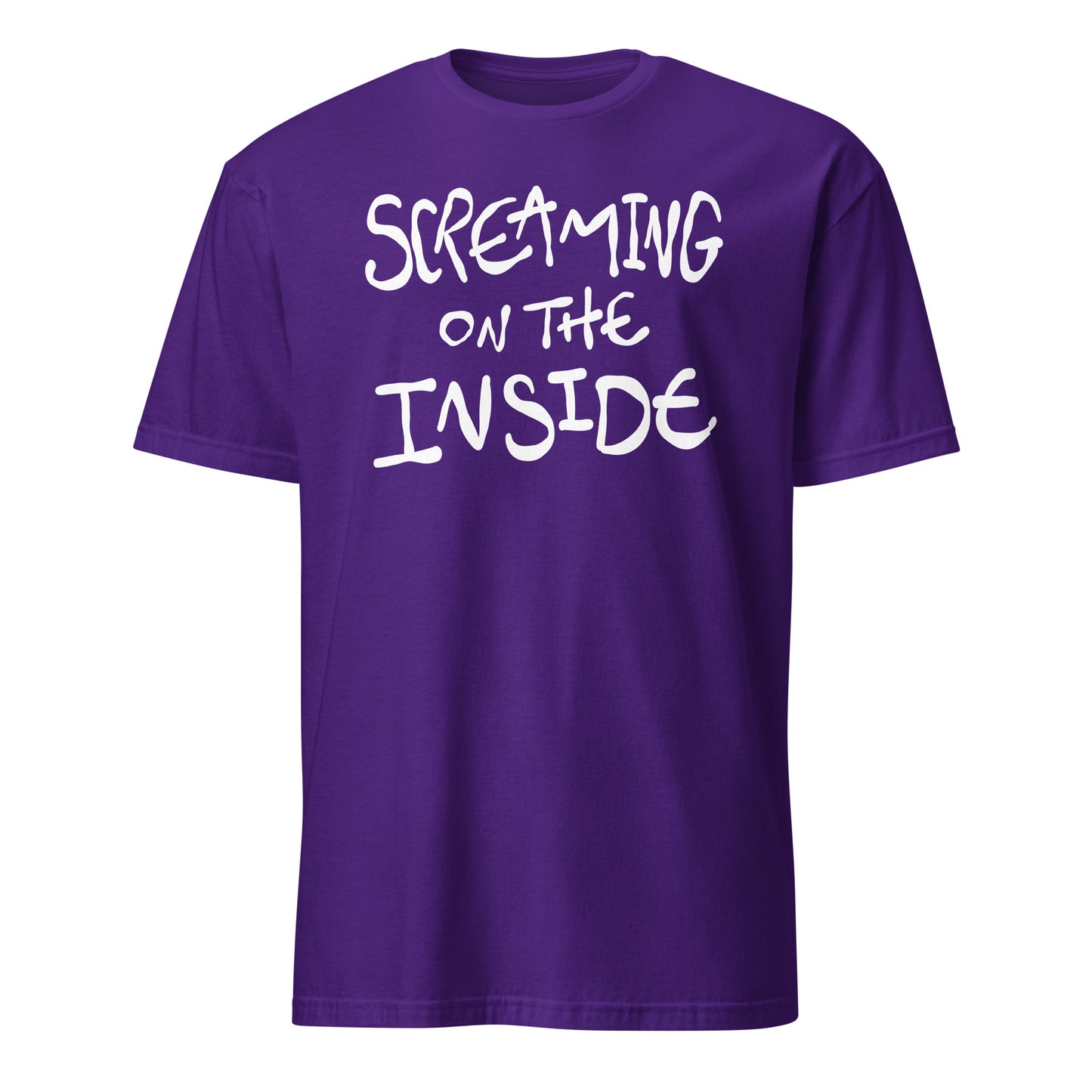 Purple t-shirt with white text 'Screaming on the Inside' on a white background