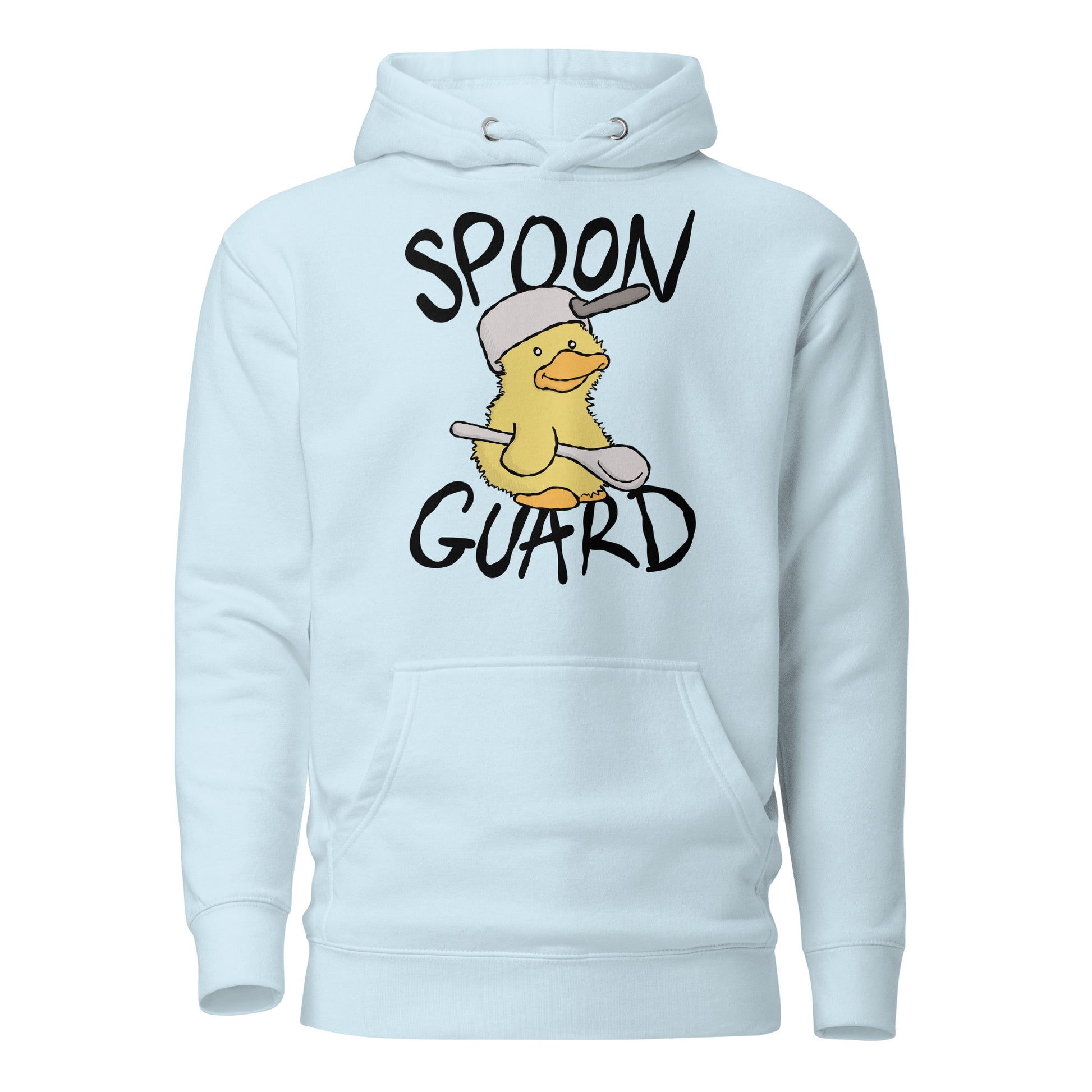 Light blue hoodie with a cartoon duck and 'Spoon Guard' text on a white background