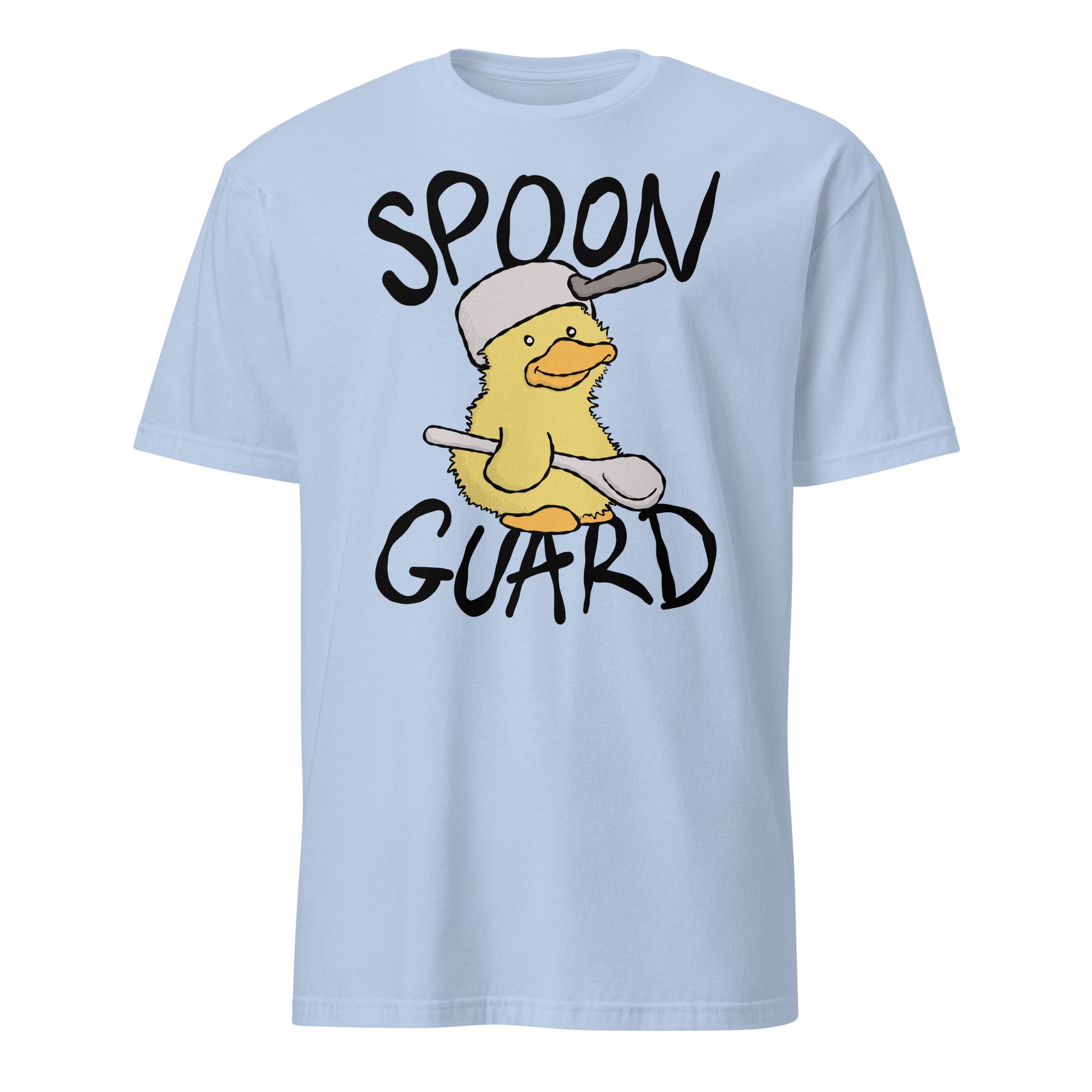 Light blue t-shirt with a cartoon duck wearing a spoon guard on a white background