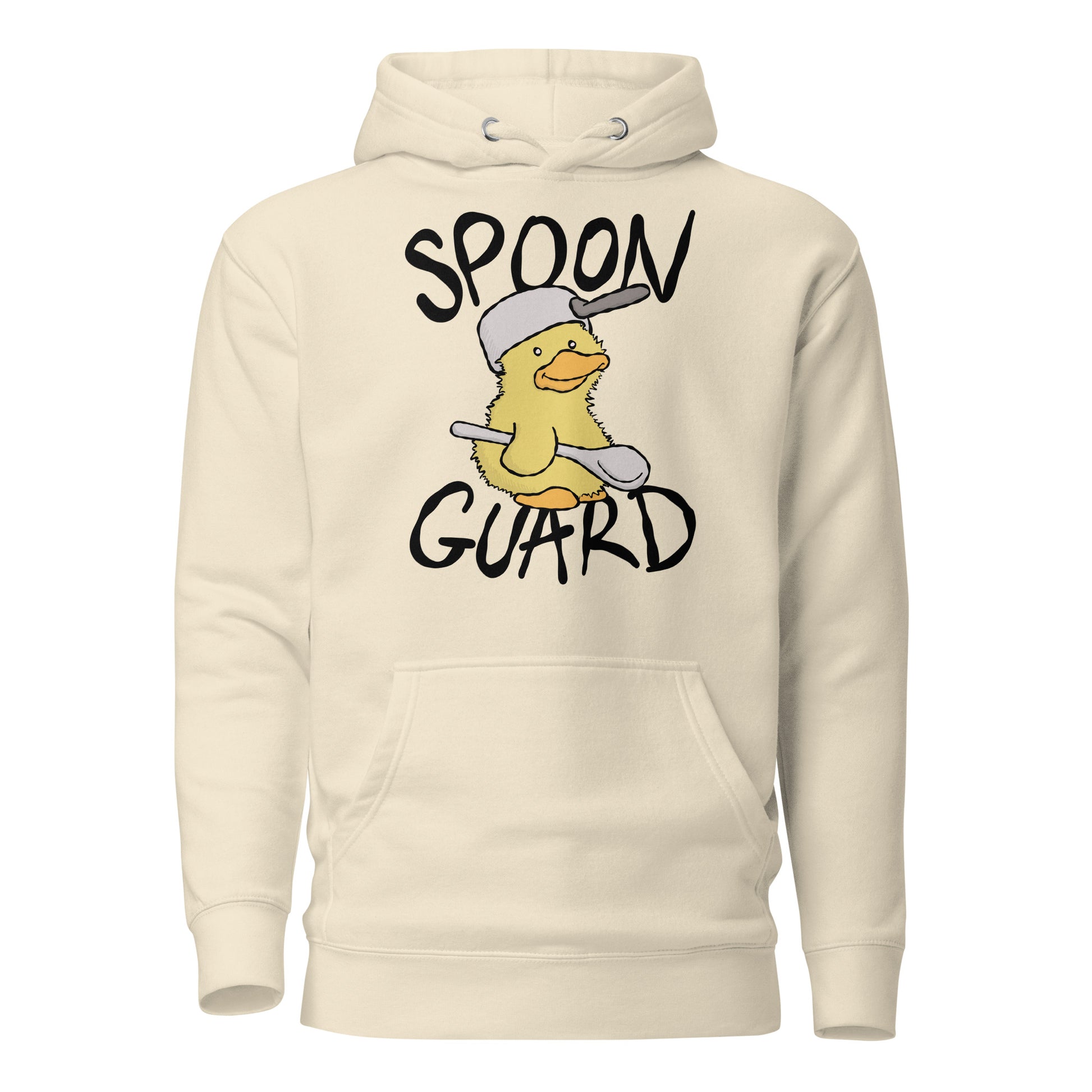 Beige hoodie with a cartoon duck wearing a helmet and holding a spoon, labelled 'Spoon Guard' on a white background.