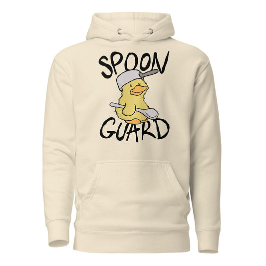 Beige hoodie with a cartoon duck wearing a helmet and holding a spoon, labelled 'Spoon Guard' on a white background.