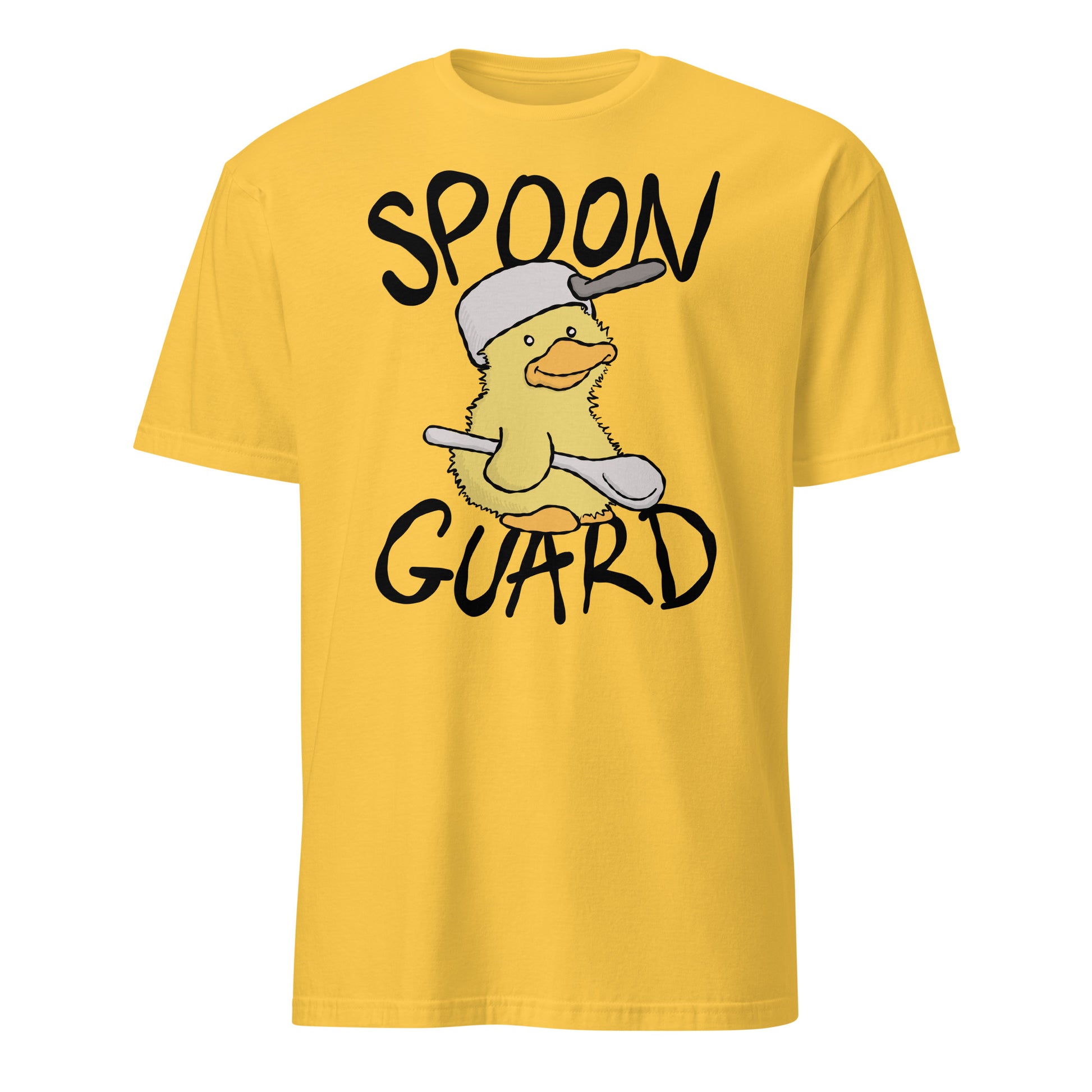 Yellow t-shirt with a cartoon duck holding a spoon and 'Spoon Guard' text on a white background