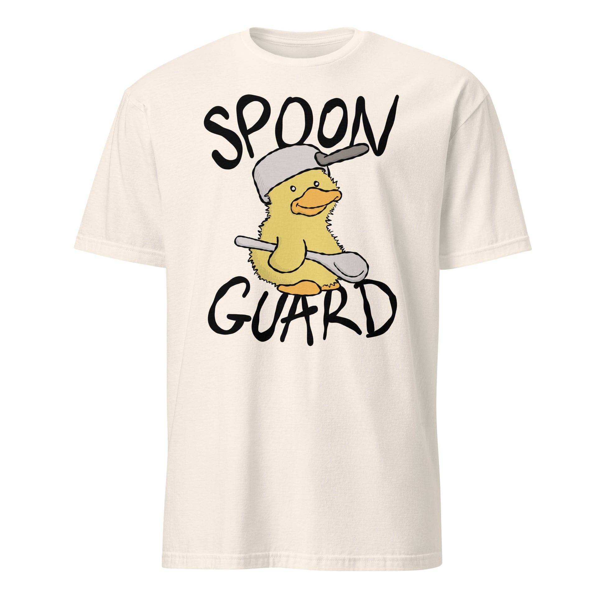Beige t-shirt with a cartoon duck wearing a helmet and holding a spoon, labelled 'Spoon Guard' on a white background.