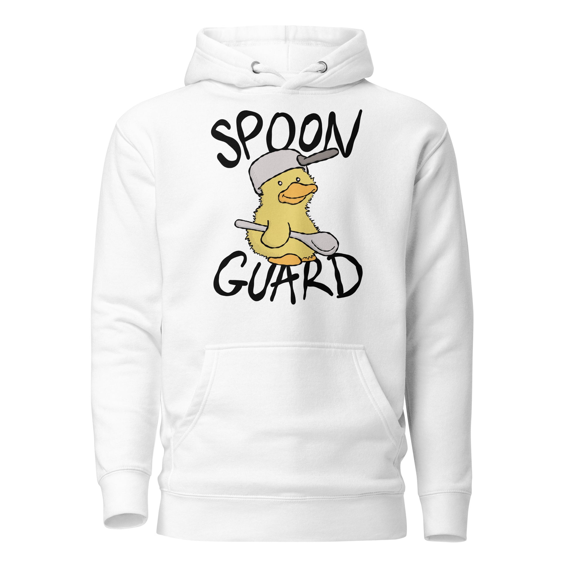 White hoodie with a cartoon duck wearing a cap and holding a spoon, labelled 'Spoon Guard' on a white background.