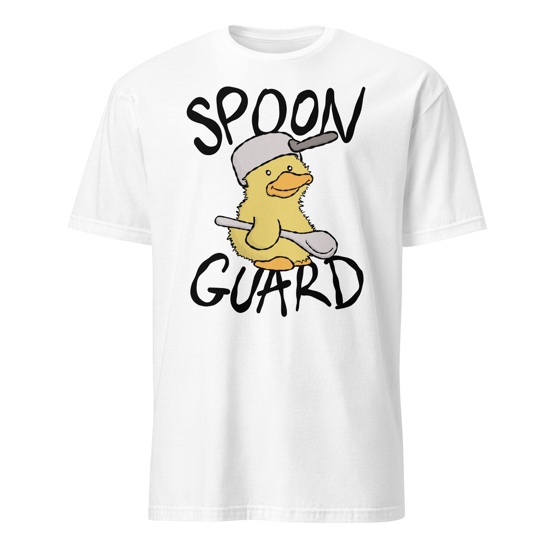 White t-shirt with a cartoon duck holding a spoon and 'Spoon Guard' text on a white background