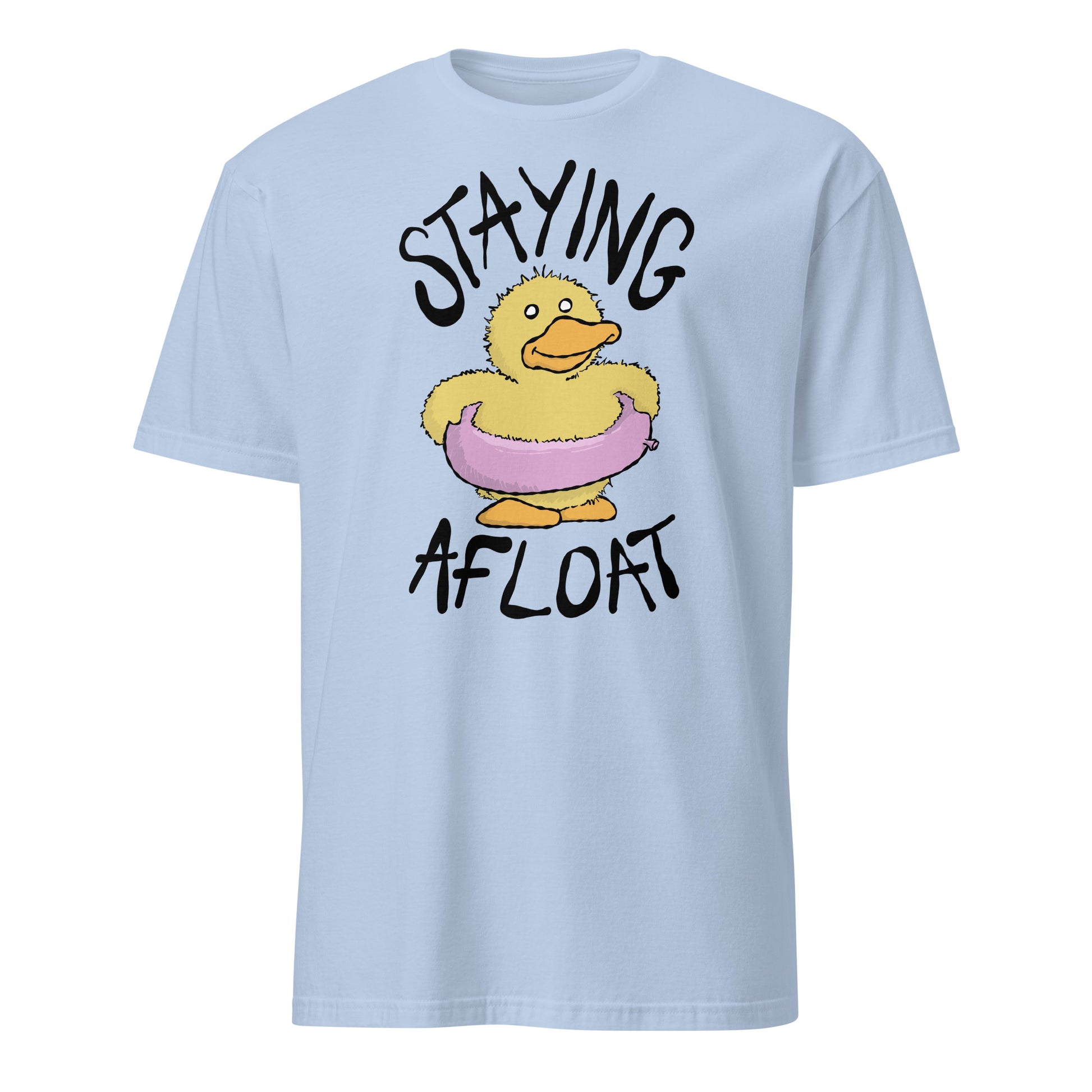 Light blue t-shirt with a cartoon duck and text 'STAYING AFLOAT' on a white background
