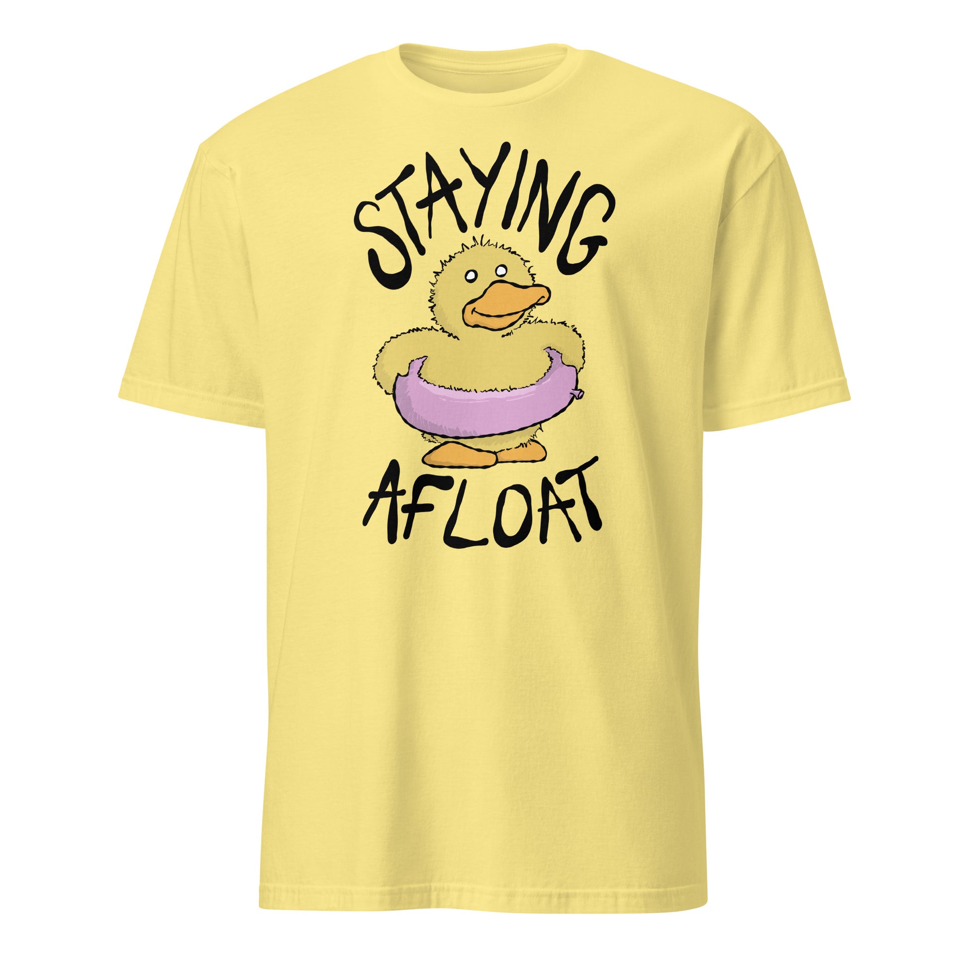 Yellow t-shirt with a cartoon duck and text 'STAYING AFLOAT' on a white background