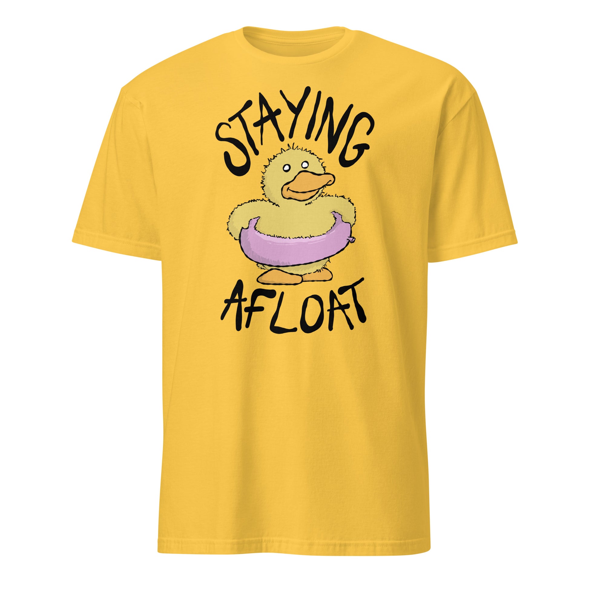 Yellow t-shirt with a cartoon duck and text 'STAYING AFLOAT' on a white background