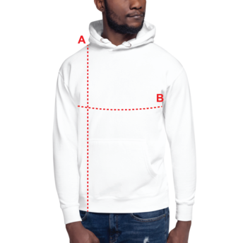 A man wearing a plain white hoodie with Illustrations to assist in measuring the required chest width and length for ordering a hoodie