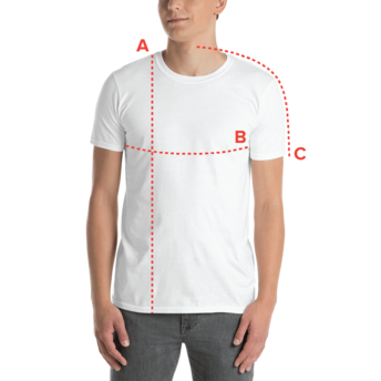 Person wearing a white t-shirt with red measurement lines on a white background