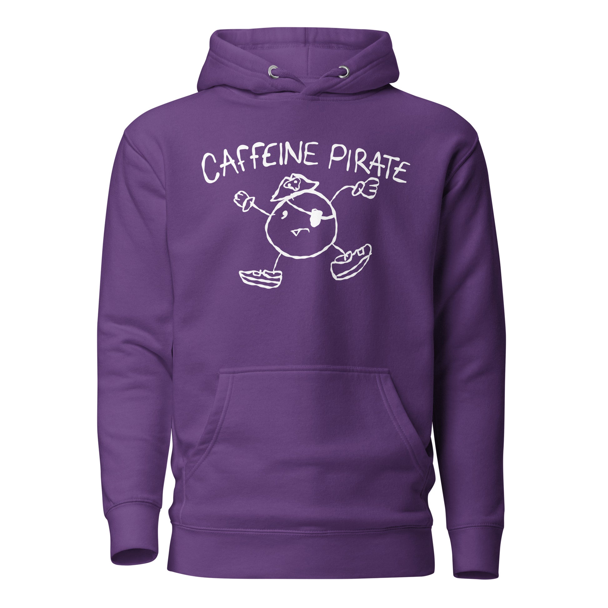 Purple hoodie with 'Caffeine Pirate' character design on a white background