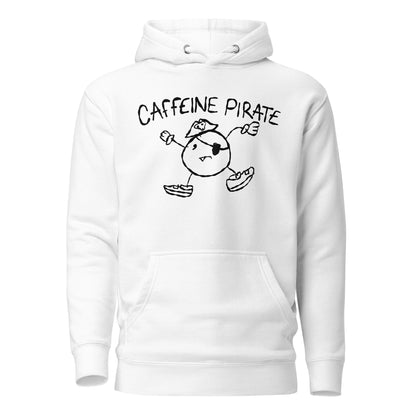 White hoodie with 'Caffeine Pirate' character design on a white background