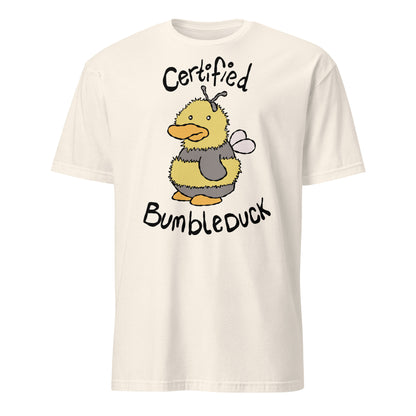 Beige t-shirt with a cartoon duck in a bee costume and text 'Certified Bumbleduck' on a white background