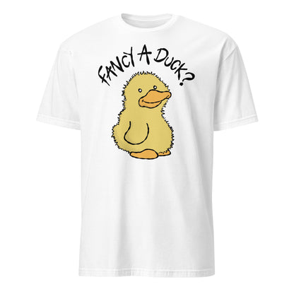 White t-shirt with a cartoon duck and text 'Fancy A Duck?' on a white background