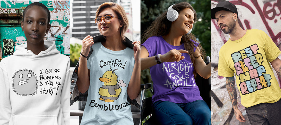 Four people wearing t-shirts with humorous text designs.