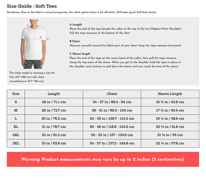 Size guide for soft tees with measurements and a model wearing a white t-shirt.