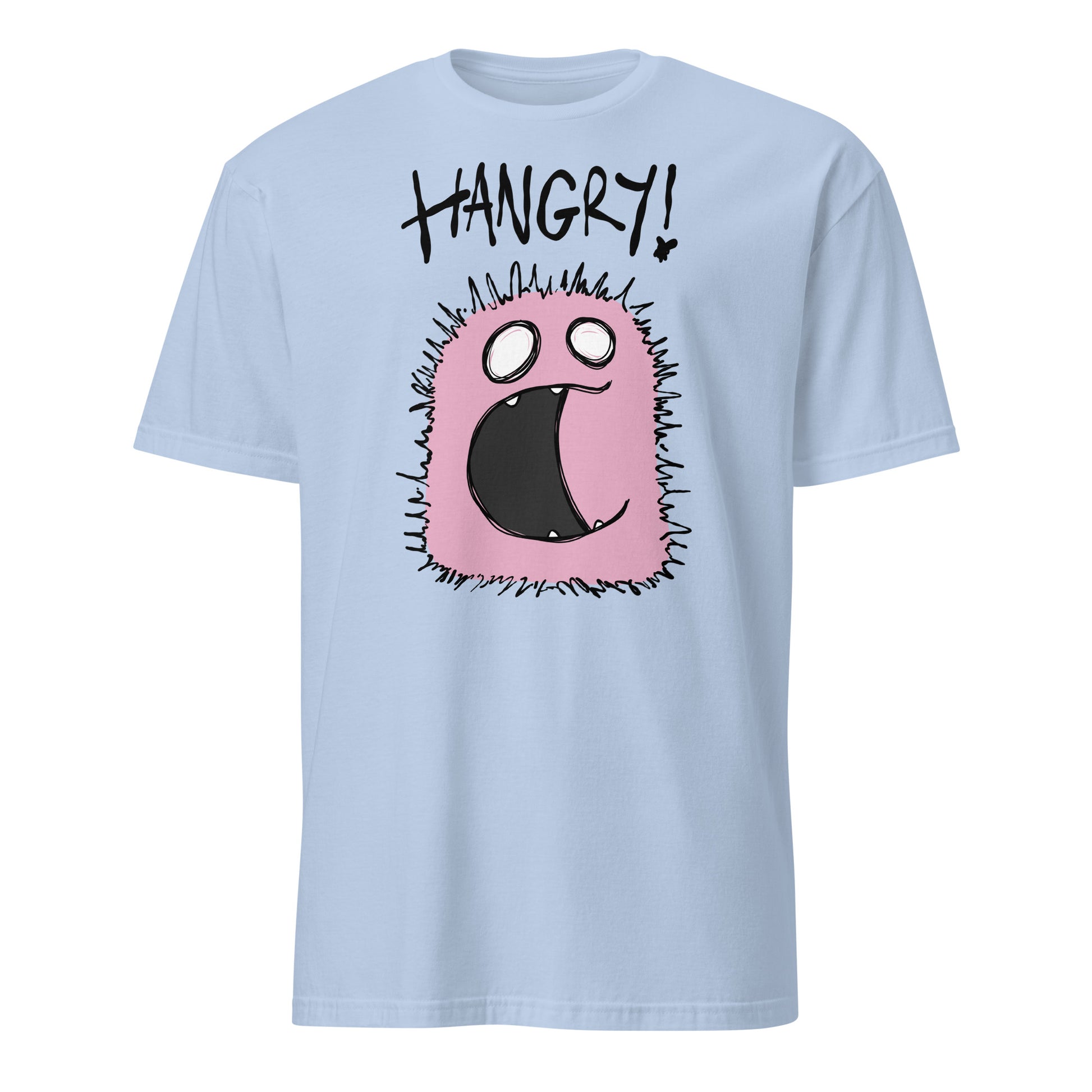 Light blue t-shirt with a cartoon character and 'HANGRY!' text on a white background