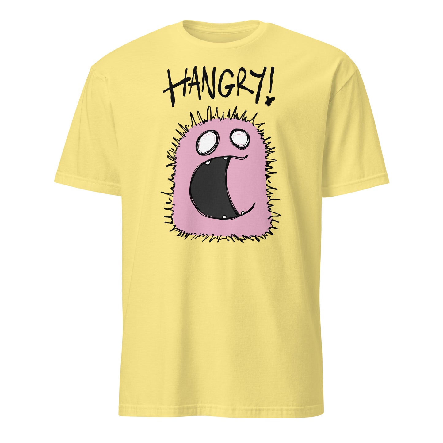 Yellow t-shirt with a cartoon character and 'HANGRY!' text on a white background