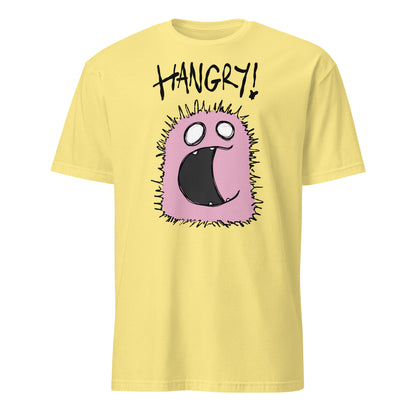 Yellow t-shirt with a cartoon character and 'HANGRY!' text on a white background