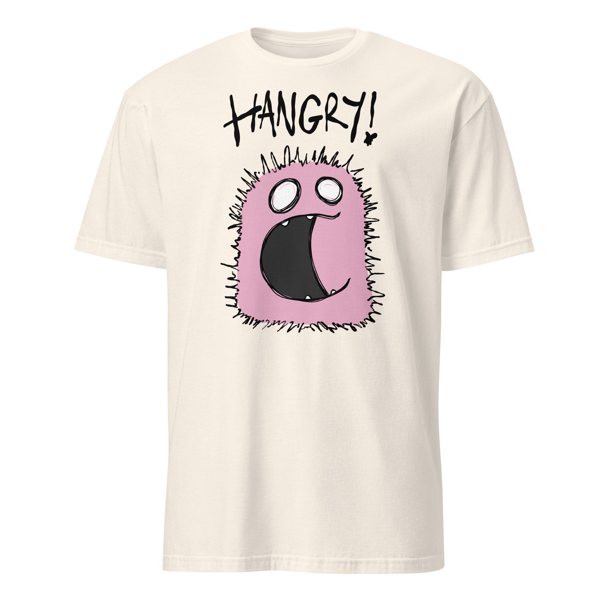 Beige t-shirt with a pink cartoon character and 'HANGRY!' text on a white background