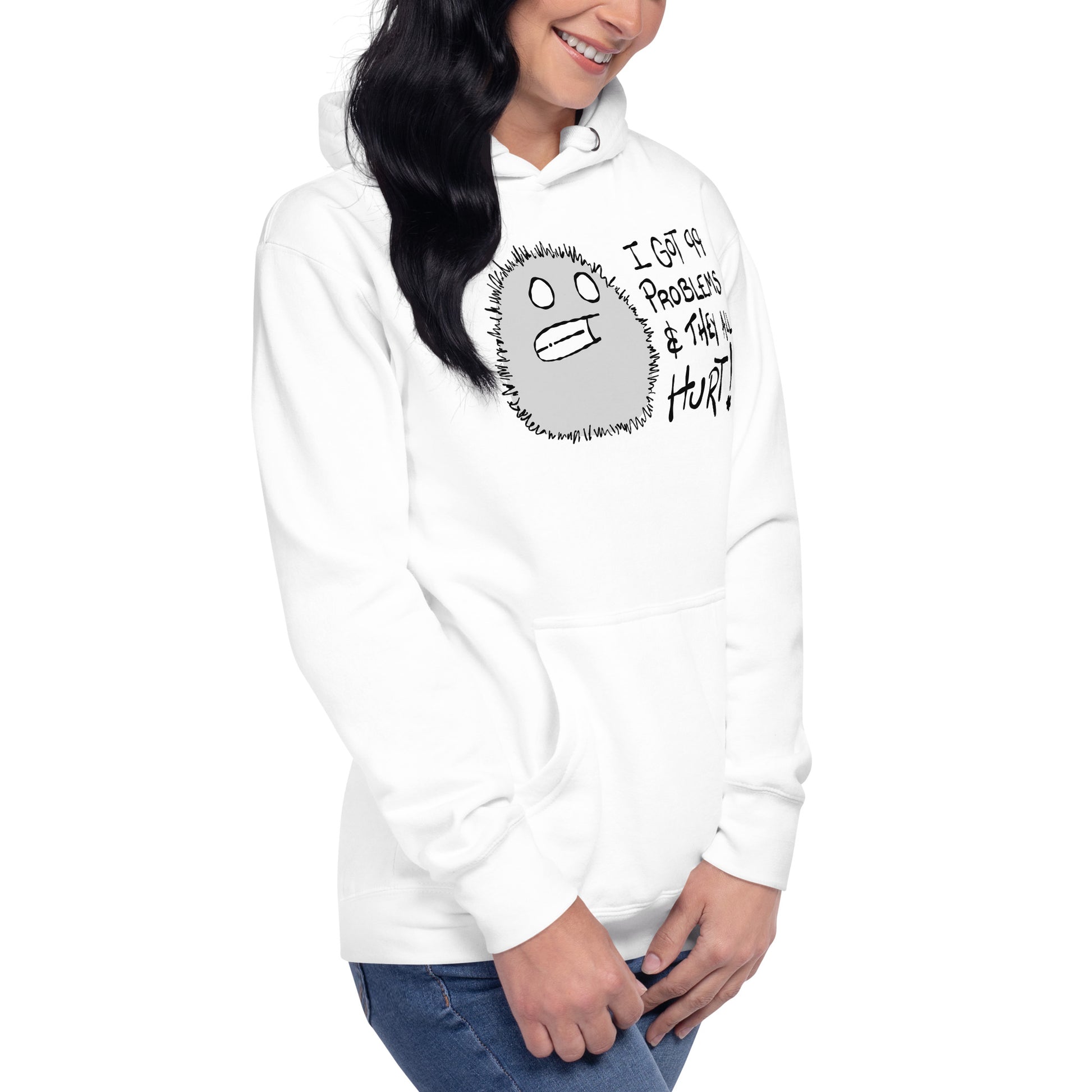 Person wearing a white hoodie with a furry monster character design and text I got 99 problems and they all hurt on a white background.