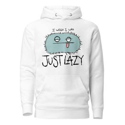 White hoodie with a cartoon character and text I WISH I WAS JUST LAZY on a white background