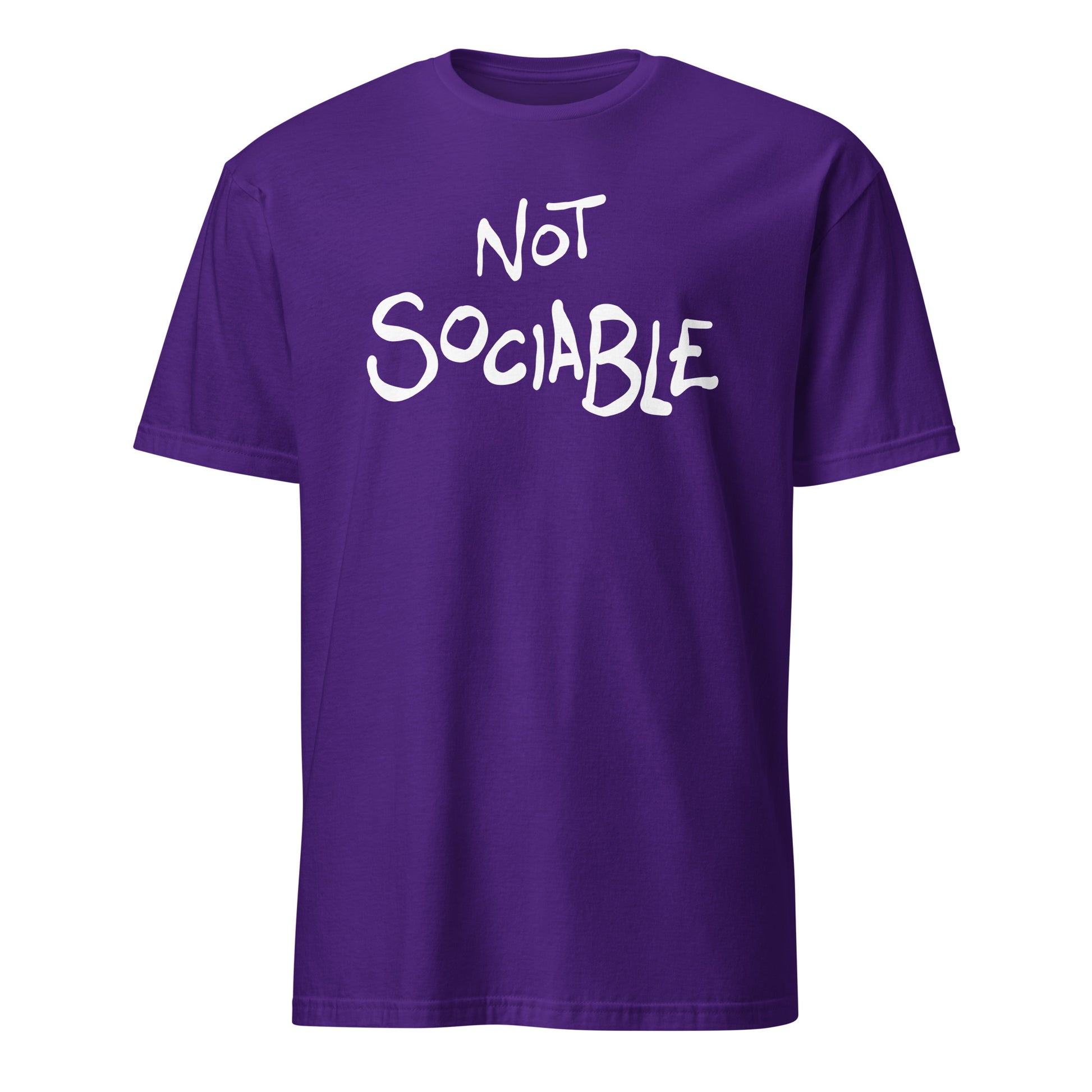 Purple t-shirt with 'Not Sociable' text on a white background