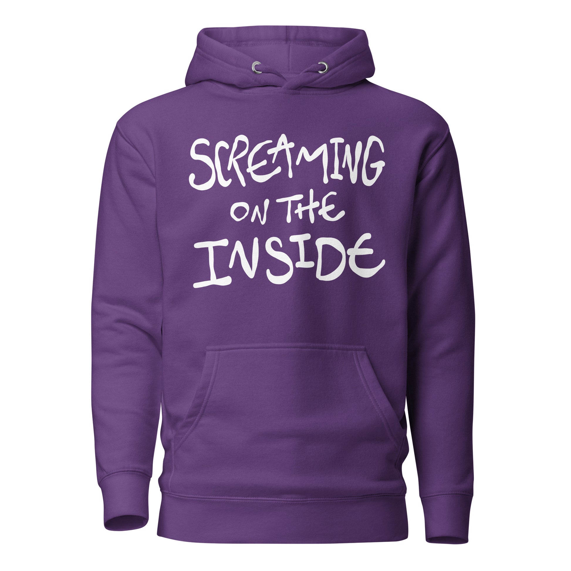 Purple hoodie with 'Screaming on the Inside' text on a white background