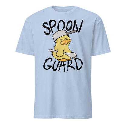 Light blue t-shirt with a cartoon duck wearing a spoon guard on a white background